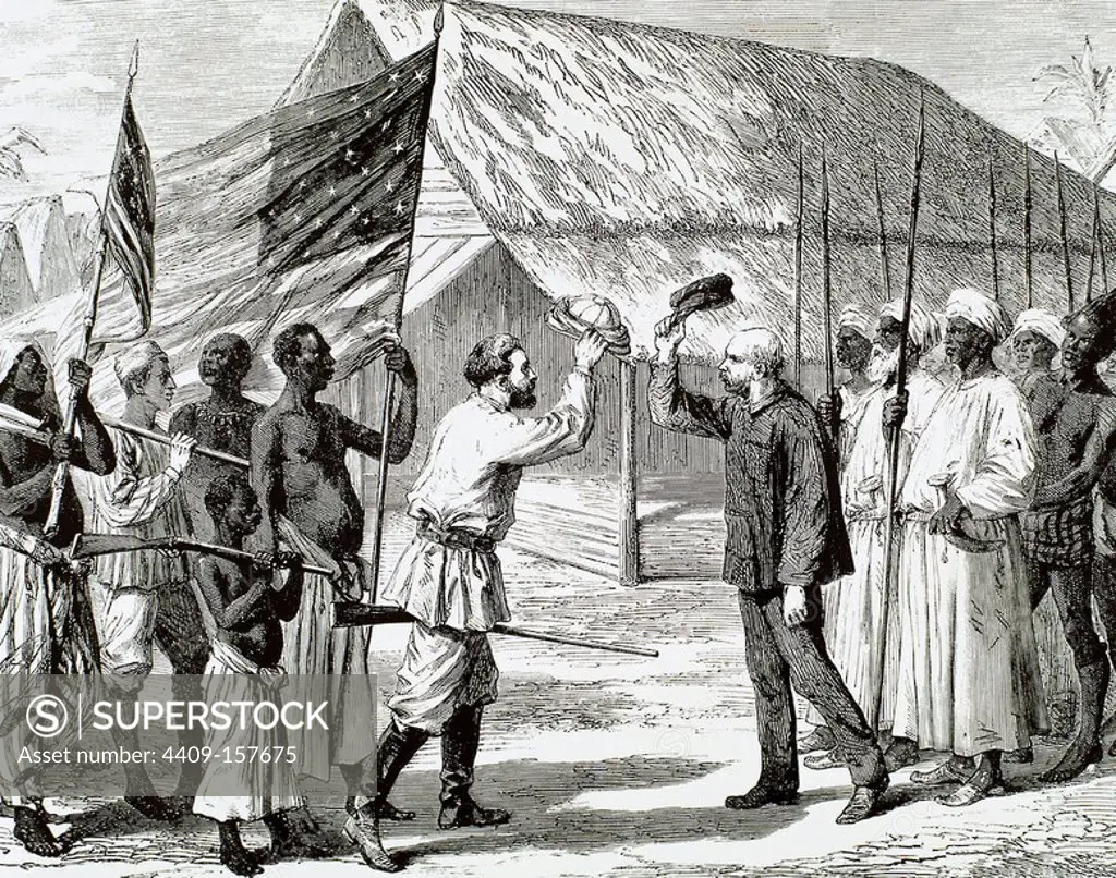 Africa. Meeting between Henry Morton Stanley (1799-1869) and David Livingstone (1813-1873) in the village of Ujiji, on Lake Tanganyika. Engraving.