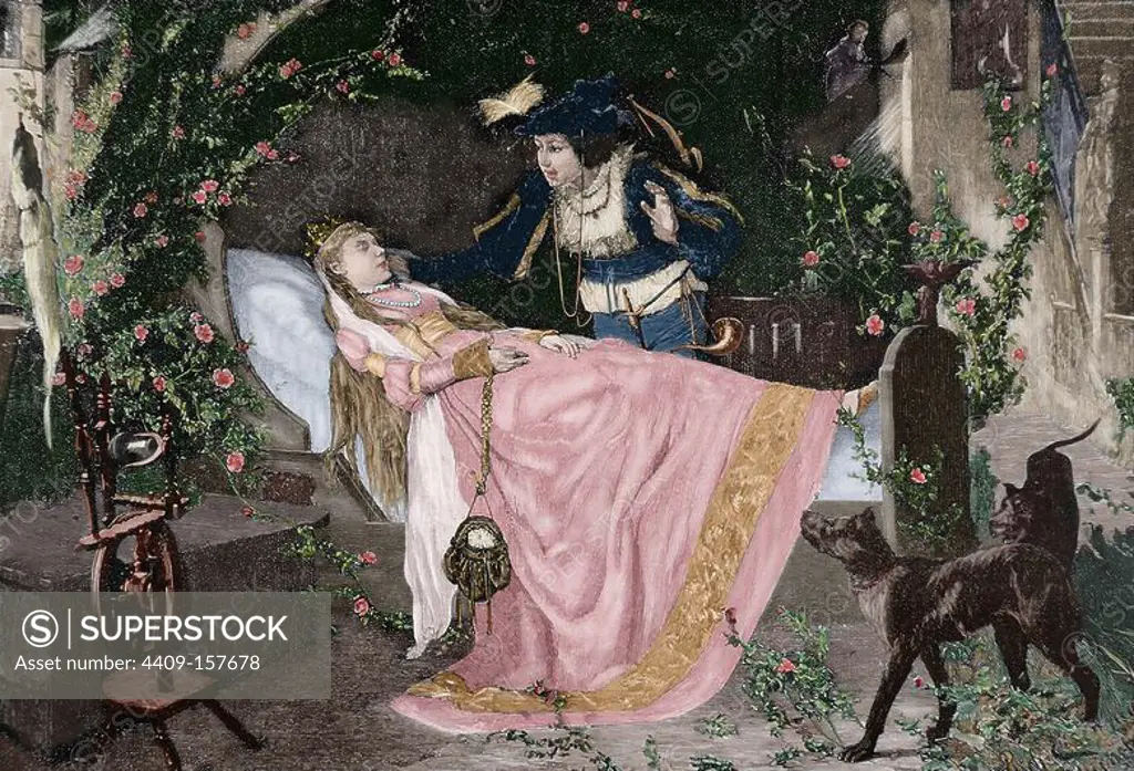 The Sleeping Beauty. The miracle of love. Engraving in The Iberian Illustration, 1885. Colored.