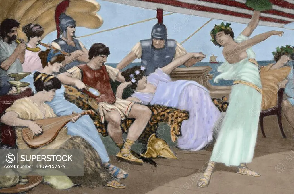 Chares of Athens. 4th century BC. Athenian general. Engraving depicting The dissipated habits of Chares. History of the Nations. 19th century. Colored.