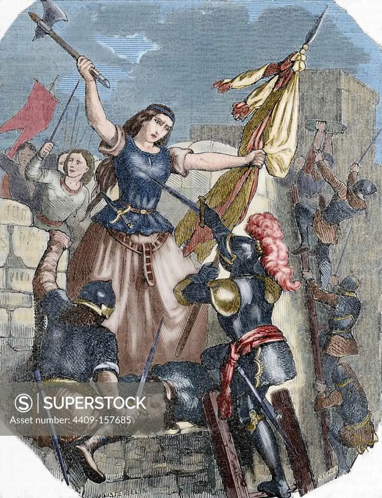 Jeanne Hachette (b.1456). French heroine. Jeanne Hachette during the Beauvais site, June 27, 1472. Engraving by Pothey. Popular Universal Library Editions, 1851. Colored.