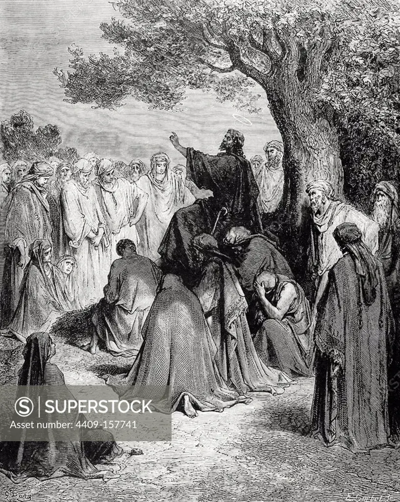 New Testament. Jesus preaching to the crowd. Gospel of Matthew, Chapter IV, Verses 17-22. Engraving. 19th century.
