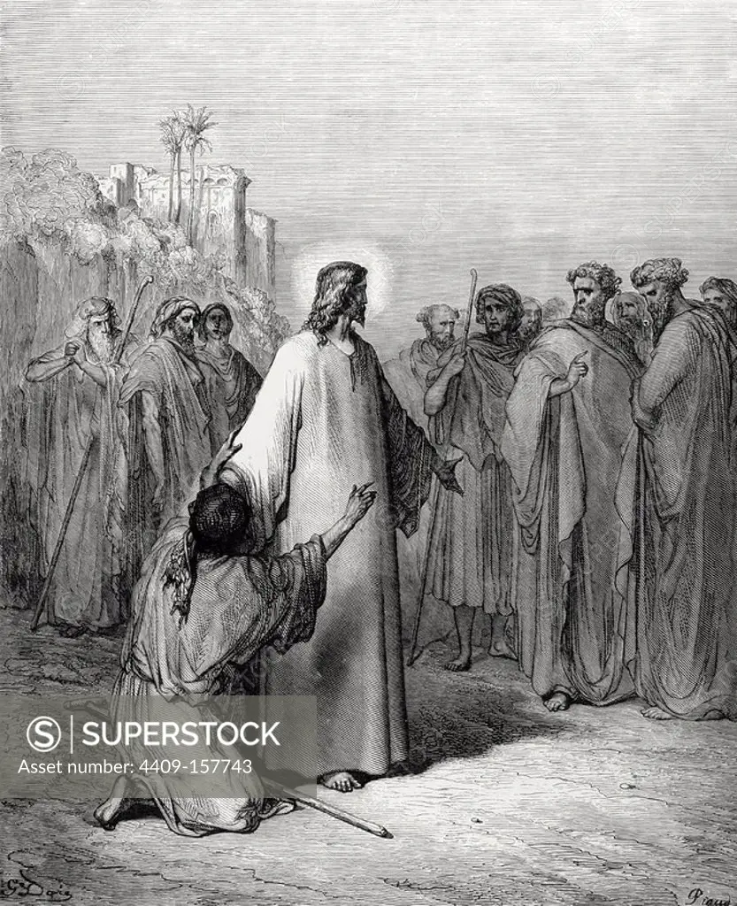 New Testament. Jesus heals a demon-possessed dumb. Gospel of Matthew, Chapter IX, Verses 32-38. Drawing by Gustave Dore. Engraving by Piaud. 19th century.