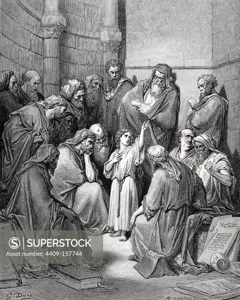 New Testament. Jesus in his childhood among the Doctors. Gospel of Luke, Chapter II, Verses 43-50. Gustave Dore drawing. Engraving by A. Bertrand. 19th century.