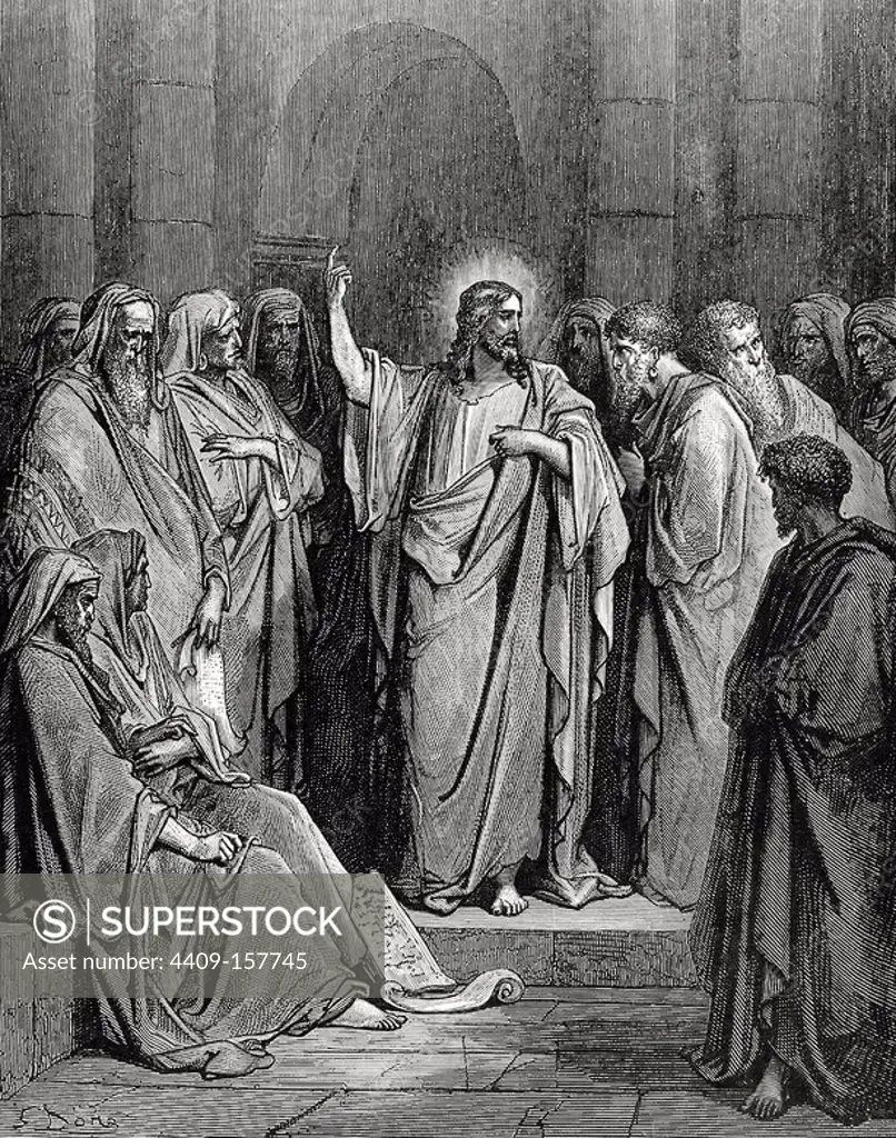 New Testament. Jesus in the synagogue. Gospel of Luke, Chapter IV, Verses 16-21. Gustave Dore drawing. Engraving. 19th century.