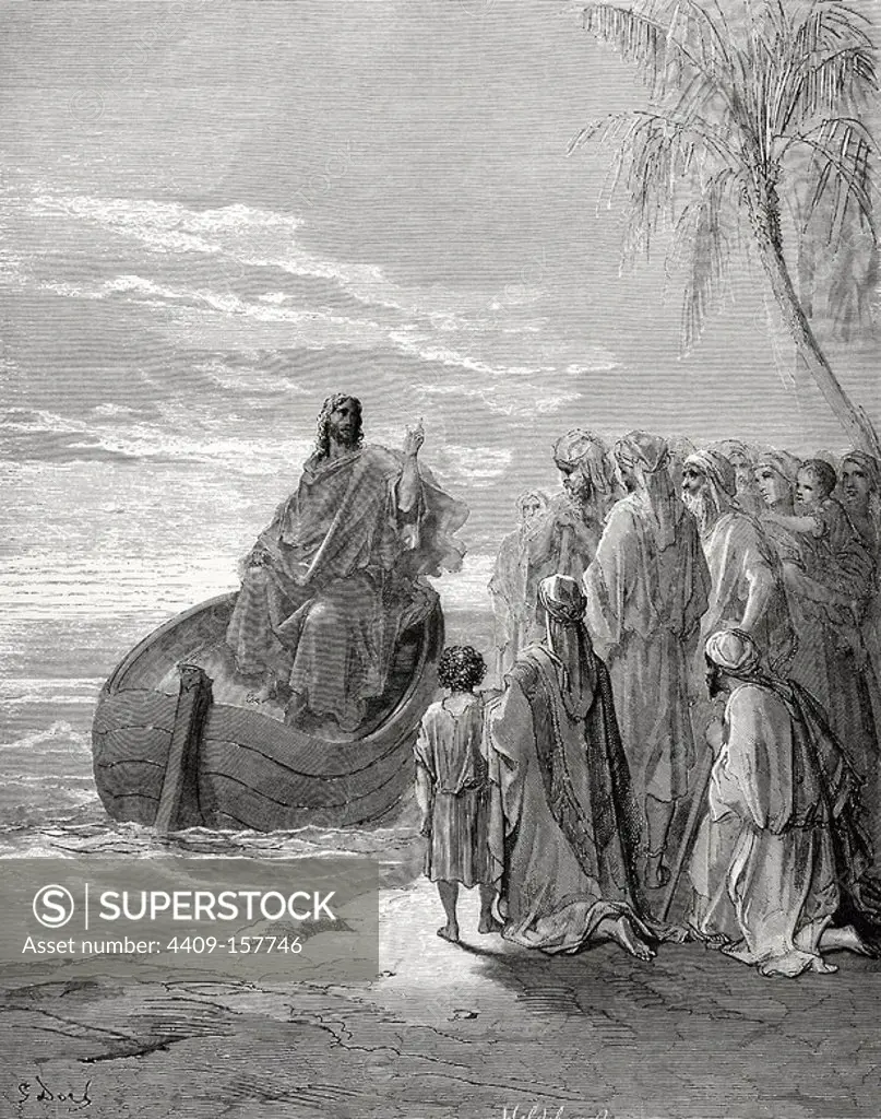New Testament. Jesus preaching in the Sea of Galilee. Gospel of Luke, Chapter IV, Verses 1-3. Gustave Dore drawing. Engraving by Hildebrand. 19th century.