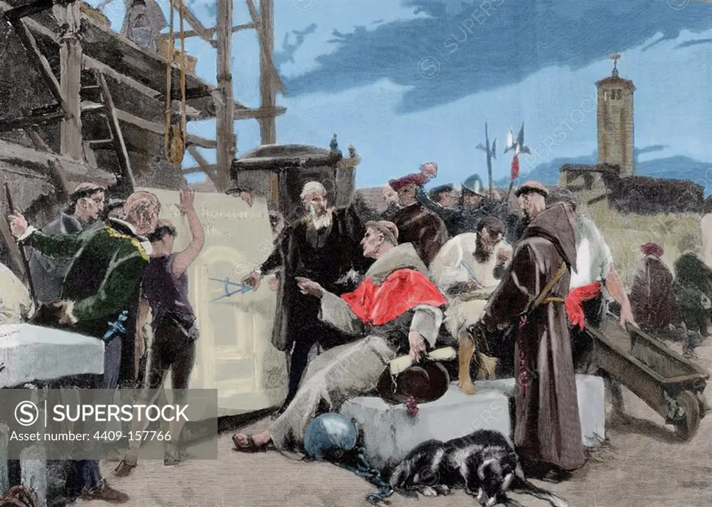 Francisco Jimenez of Cisneros (1436-1517). Spanish cardinal and statesman. Cisneros (sitting) visits the construction of the Hospital of the Charity. Sanctuary of the Charity of Illescas (Toledo). Engraving by Rico. La Ilustracion Espanola y Americana, 1889. Colored.