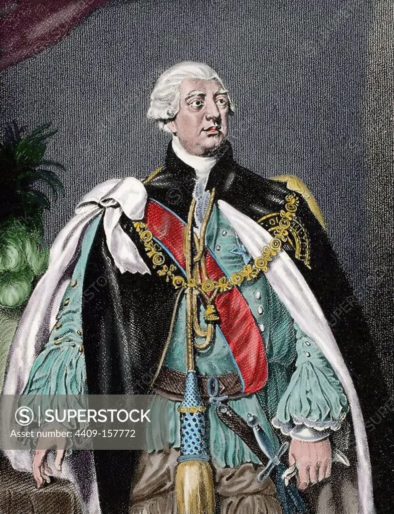 George III (1738-1820). King of Great Britain and Ireland later King of the United Kingdom and of Hanover. Engraving. Colored.