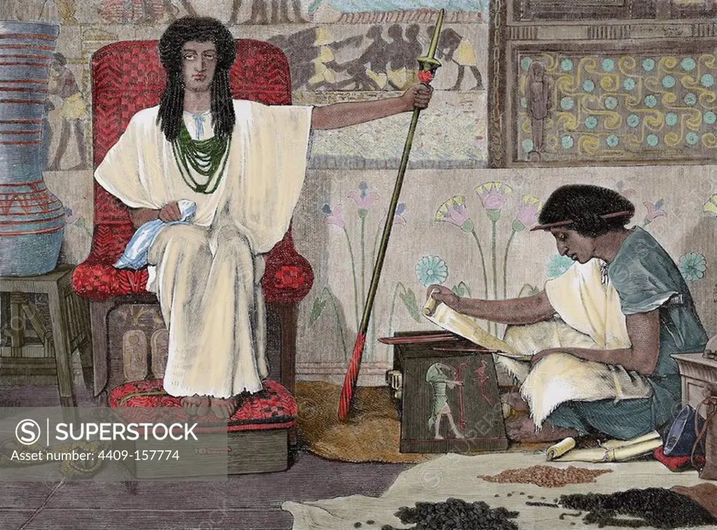 Joseph interpreting the Pharaoh's Dream. Dore Bible Illustration. Genesis 41:25-26. 19th century. Colored engraving.