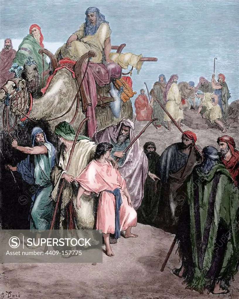 Josep Sold by his Brethren. Genesis 37:38. Dore Bible Illustrations. 19th century. Colored engraving.