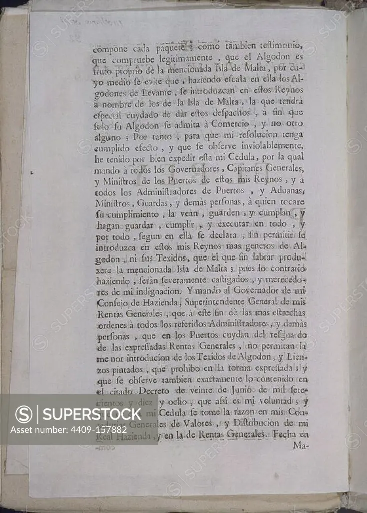 DECRETO DE PROHIBICION IMPORTAR LIENZOS(14/6/1728) - REINADO DE FELIPE V. Location: ARCHIVO HISTORICO NACIONAL-COLECCION. MADRID. SPAIN.