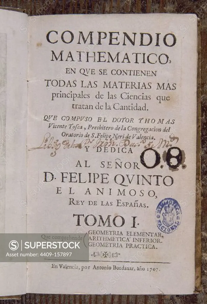 COMPENDIO MATEMATICO - 1707. Author: TOSCA TOMAS VICENTE. Location: BIBLIOTECA NACIONAL-COLECCION. MADRID. SPAIN.