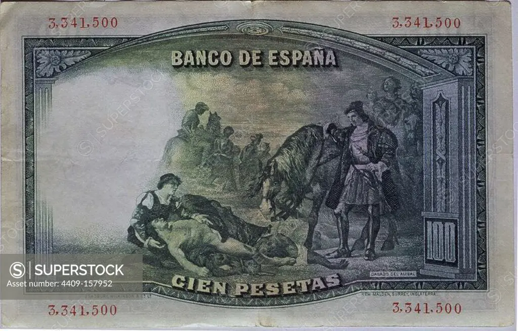 BILLETE DE CIEN PESETAS DEL BANCO DE ESPAÑA - AÑOS 30 - REVERSO -. GONZALO FERNANDEZ DE CORDOBA. El Gran Capitan. LUIS DE ARMAGNAC (1472-1503)-DUQUE DE NEMOURS.