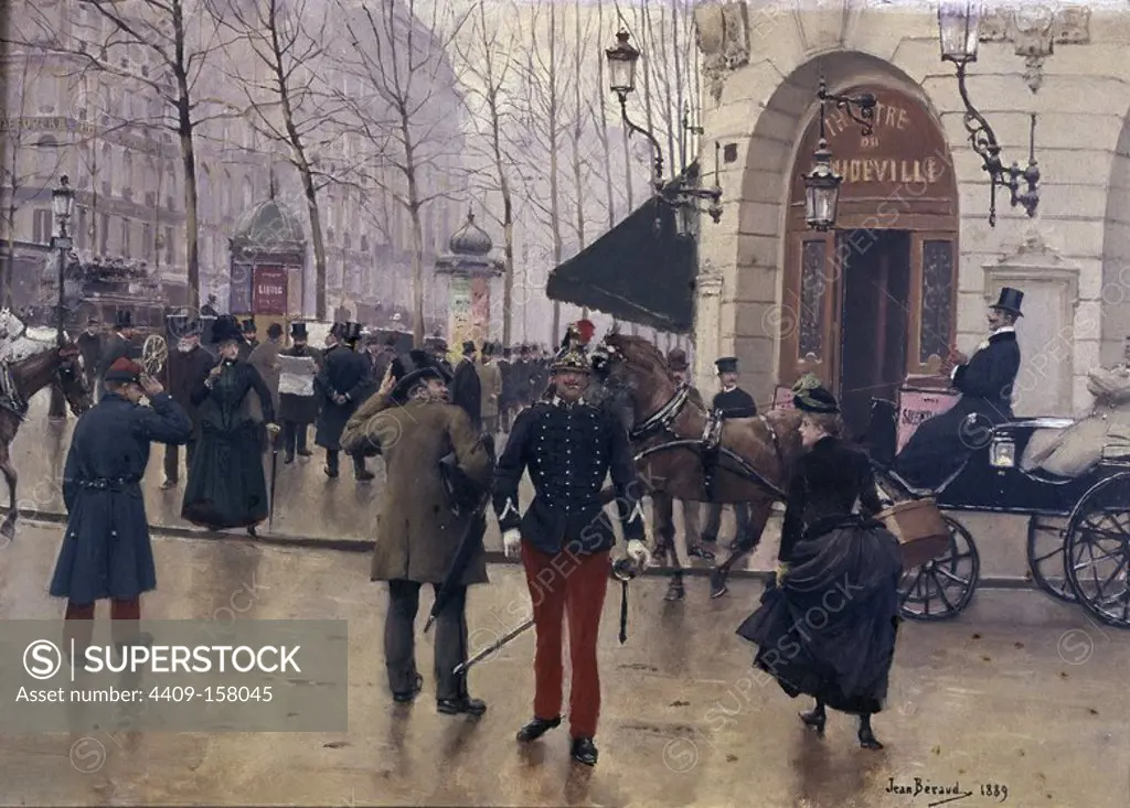 The Boulevard des Capucines and the Vaudeville Theatre - 1889 - 35x51 cm - oil on panel - French Impressionism. Author: JEAN BERAUD. Location: MUSEO DE ARTE MODERNO DE LA VILLA DE PARIS. France.