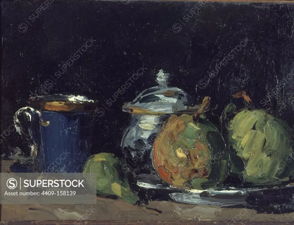 'Sugar Bowl, Pears and Blue Cup', ca. 1866, Oil on canvas, 30 x 41 cm. Author: PAUL CEZANNE. Location: MUSEE D'ORSAY. France.