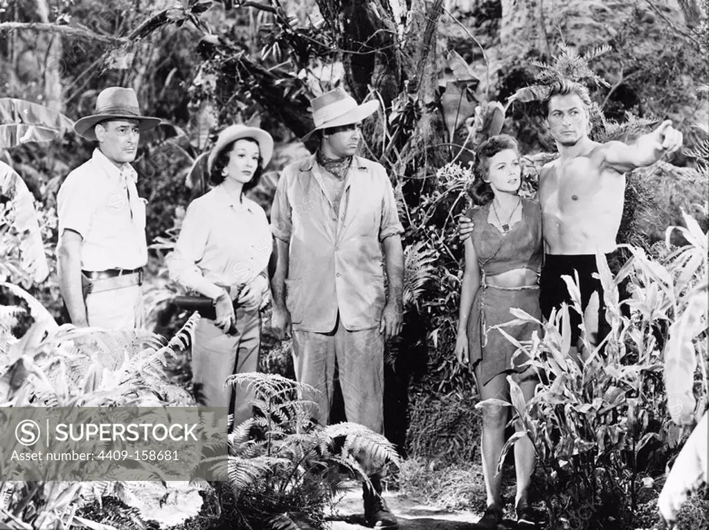 RAYMOND BURR, BARBARA HALE, TOM CONWAY and MONIQUE VAN VOOREN in TARZAN AND THE SHE-DEVIL (1953), directed by KURT NEUMANN.