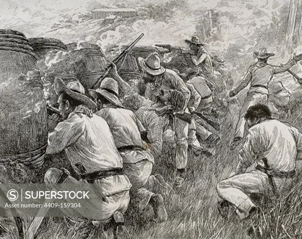 Cuban War of Independence (1895-1898). Three liberation wars that Cuba fought against Spain. The final three months of the complict escalated to become the Spanish-American War. Rebels at a roadblock,1898. Engraving.