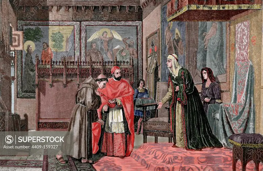 Kingdom of Castile. Interview between Queen Isabella I of Castille (1451-1504) and Ximenez de Cisneros (1436-1517) . Engraving of R. Milliet. La Ilustracion Española y Americana, 1872. Colored.