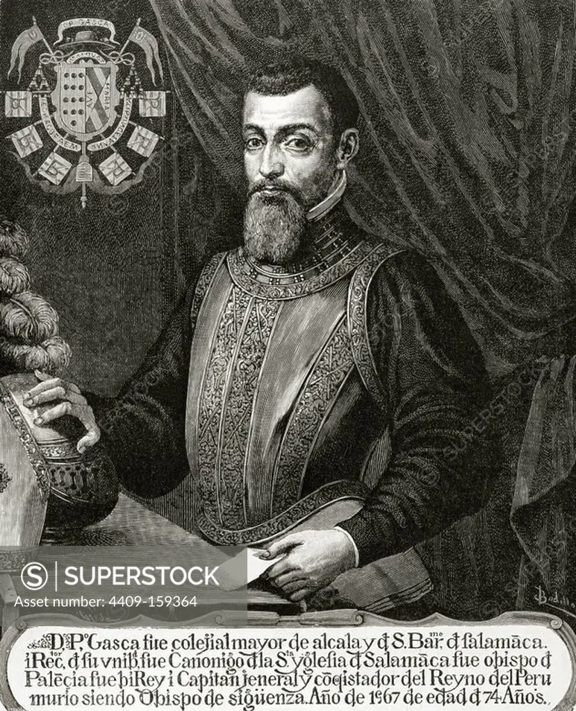 Pedro de La Gasca, The Peacemaker (1493-1567). Spanish priest, politician and military. Knight of the Order of Santiago. Engraving by Capuz. The Spanish and American Illustration, 1892.
