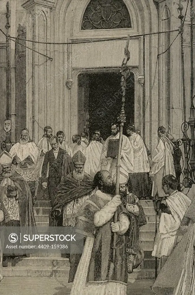 Charles Lavigerie (1825-1892). French missionary and cardinal. Transportation of the relics of St Louis. Cardinal Lavigerie out of the chapel of Saint Louis. Engraving by Man. The Iberian Illustration, 1885.