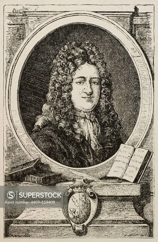 Gottfried Wilhelm Leibniz (1646-1716). German mathematician and philosopher. Engraving in The Universal History, M. Verges, 1917.
