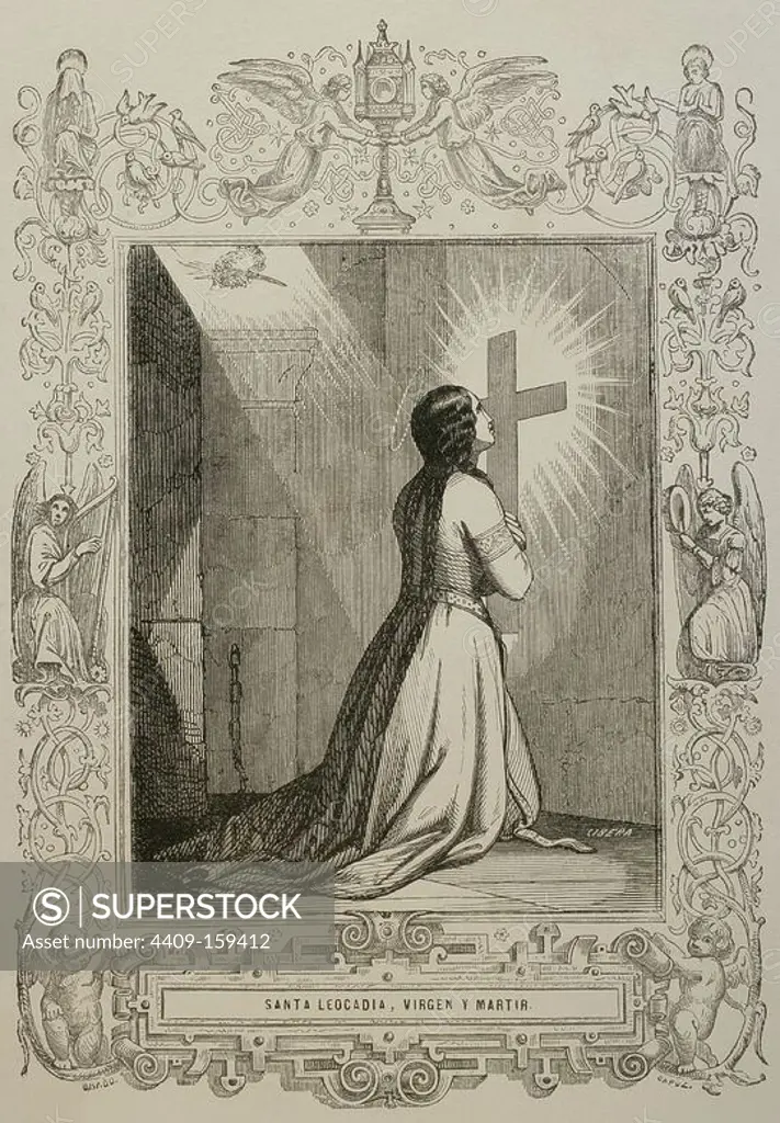 Saint Leocadia. 3rd-4th centuries. Christian virgin and martyr of Roman Hispania. Engraving by Cibera. Christian Year, 1853.