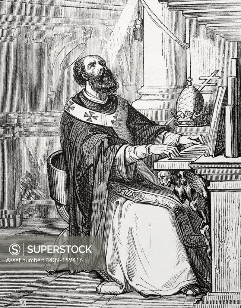 Saint Leo II (611-683). Pope of the Roman Catholic Church. Engraving.