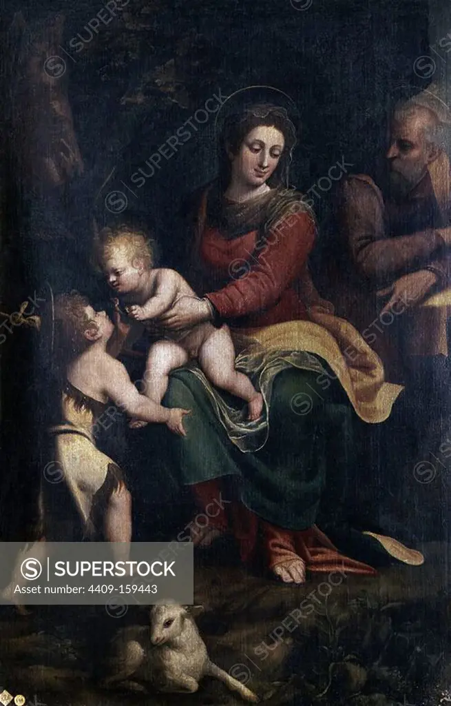 'The Holy Family with little Saint John', 16th century, Oil on canvas, 182 x 122 cm, Inv. 748. Author: LUCA CAMBIASO (1527-1585). Location: ACADEMIA DE SAN FERNANDO-PINTURA. MADRID. SPAIN. CHILD JESUS. VIRGIN MARY. SAN JOSE ESPOSO DE LA VIRGEN MARIA. SAN JUAN BAUTISTA NIÑO / SAN JUANITO.