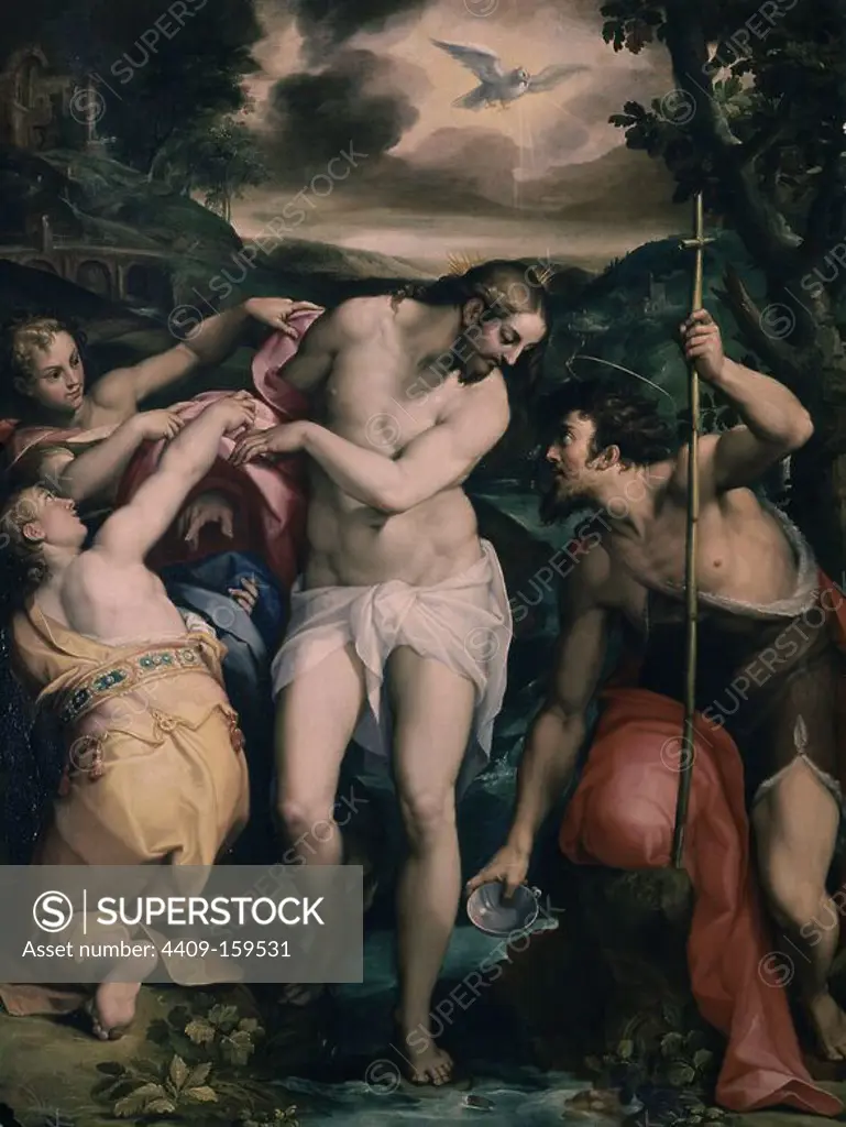 'Baptism of Christ', 16th century, Oil on canvas, 161 x 123 cm. Author: SAMACHINI ORAZIO. Location: MUSEO LAZARO GALDIANO-COLECCION. MADRID. SPAIN. JESUS. ESPIRITU SANTO. SAN JUAN BAUTISTA.