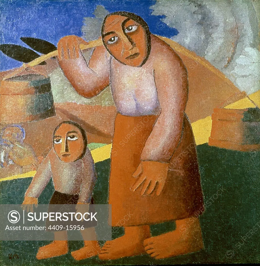 Russian school. Peasant Woman with Buckets and a Child. 1912. Oil on canvas (73 x 73 cm). Amsterdam, Stedelijk Museum. Author: KASIMIR MALEVICH. Location: STEDELIJK MUSEUM. Amsterdam. HOLANDA.