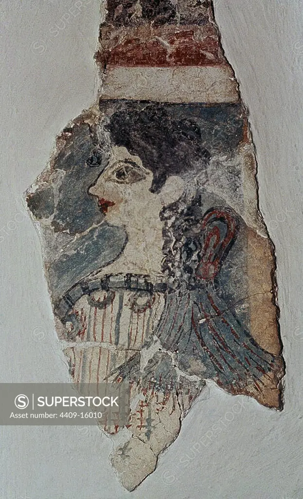 Fresque representing 'The Parisian', from the Palace of Cnossos.. Painted stucco. c.1500 BC. Heraklion, museum of archaeology. Location: ARCHAEOLOGICAL MUSEUM. HERAKLION. GREECE. PARISINA LA.