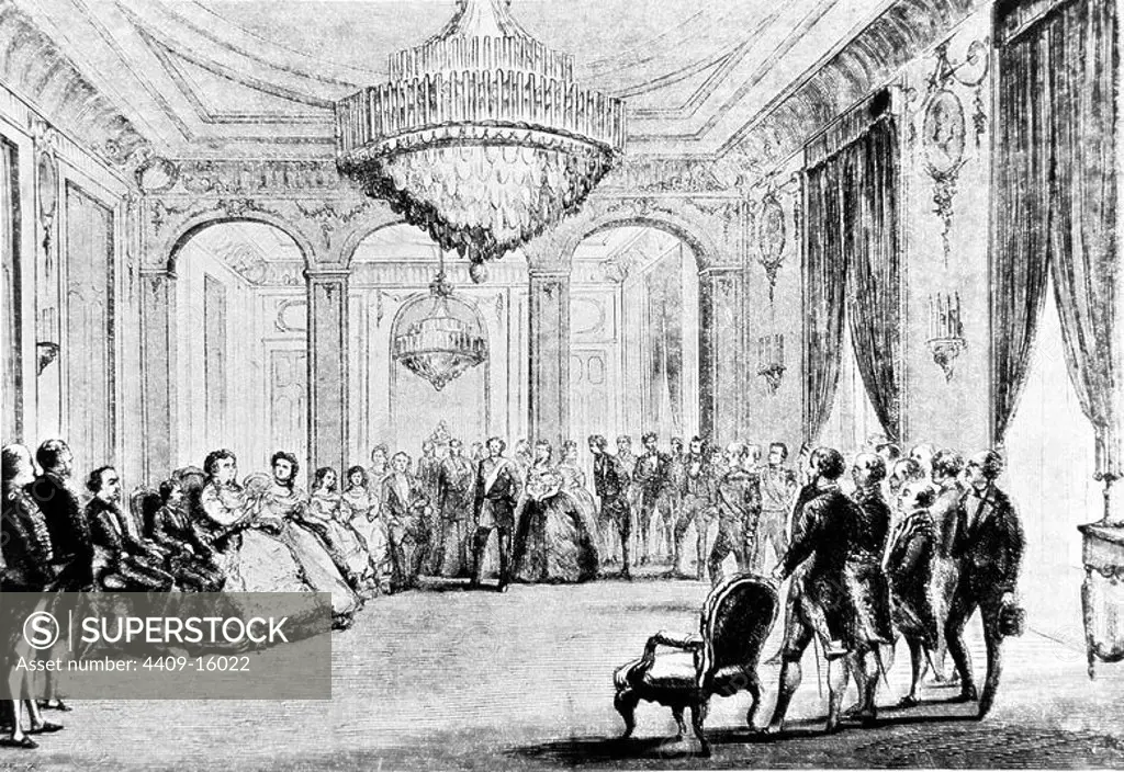 ABDICACION DE ISABEL II EL 25 DE JUNIO DE 1870 EN EL PALACIO DE CASTILLA EN PARIS - GRABADO SIGLO XIX. ISABEL II REINA DE ESPAÑA (1830-1904).