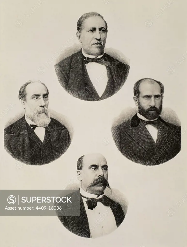 PRESIDENTES DE LA PRIMERA REPUBLICA (1873-1874) - ESTANISLAO FIGUERAS, FRANCISCO PI Y MARGALL, NICOLAS SALMERON Y EMILIO CASTELAR. Location: MUSEO DE HISTORIA-GRABADOS BLANCO Y NEGRO. SPAIN.
