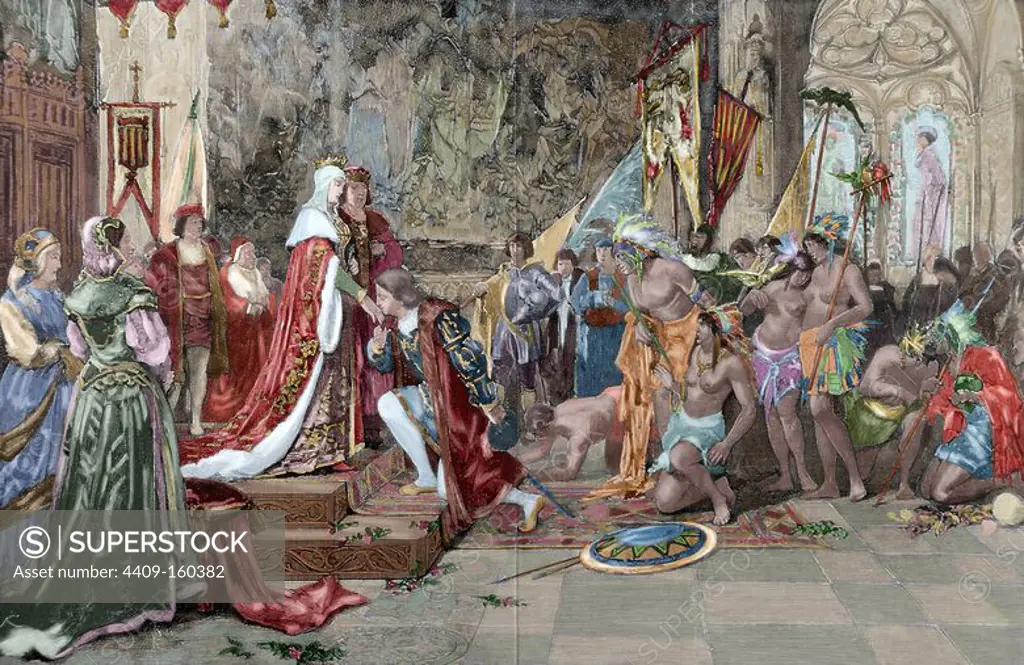 Christopher Columbus (1451-1506). Genoese navigator. Presentation of Columbus to Ferdinand and Isabella, the Catholic Monarchs, in Barcelona. Engraving by Rico after a painting by of Ricardo Anckermann. The Artistic Illustration. Colored.
