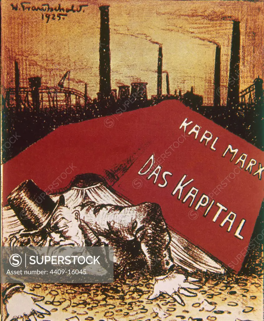 Allegory poster: Capitalism is crashed under Marxism. A banker lies under Karl Marx's 'The Capital'.