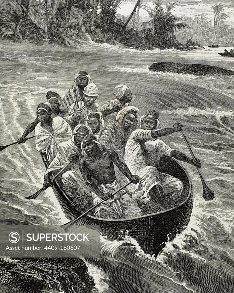 Henry Morton Stanley (1841-1904). British explorer. Stanley passes the Congo River Rapids. Engraving. 19th century.