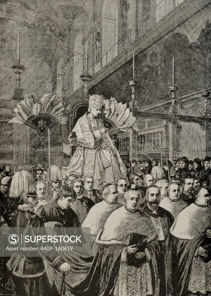 Leo XIII (1810-1903). Italian Pope (1878-1903), named Vincenzo Gioacchino Pecci. Pope Leo XIII giving a blessing Urbi et Orbi, after the Pontifical Mass from the gestatorial chair. Engraving in The Iberian Illustration, 1888.