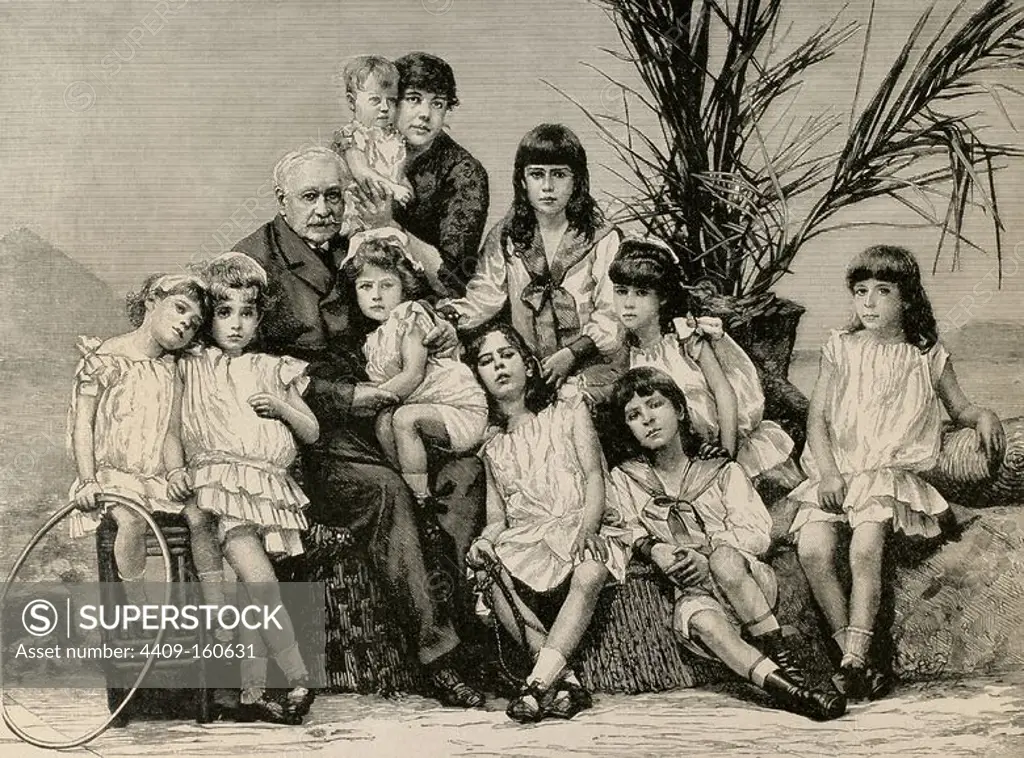 Ferdinand de Lesseps (1805-1894). French diplomat and entrepreneur. Lesseps with his family. Engraving in The Artistic Illustration, 1886.