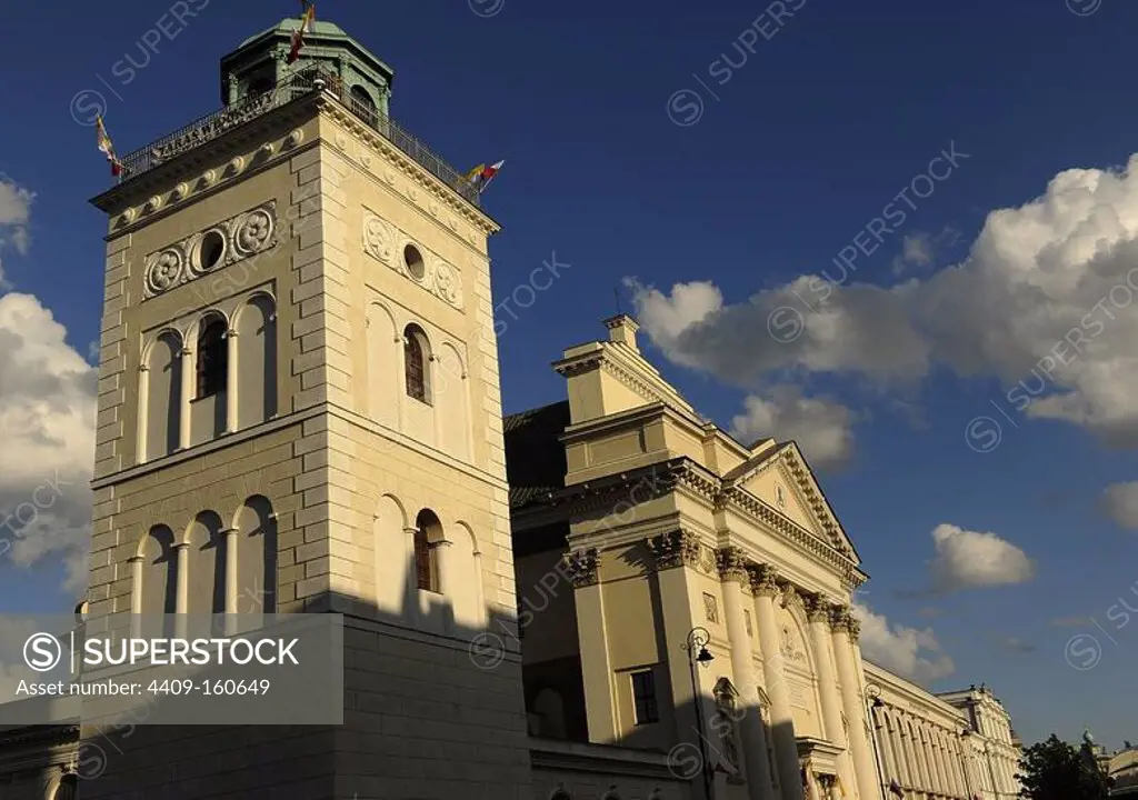 Poland. Warsaw. Saint Anne's Church. Bell tower, 19th century, and Neoclassical facade, 18th century, built by Chrystian Piotr Aigner (1756-1841).