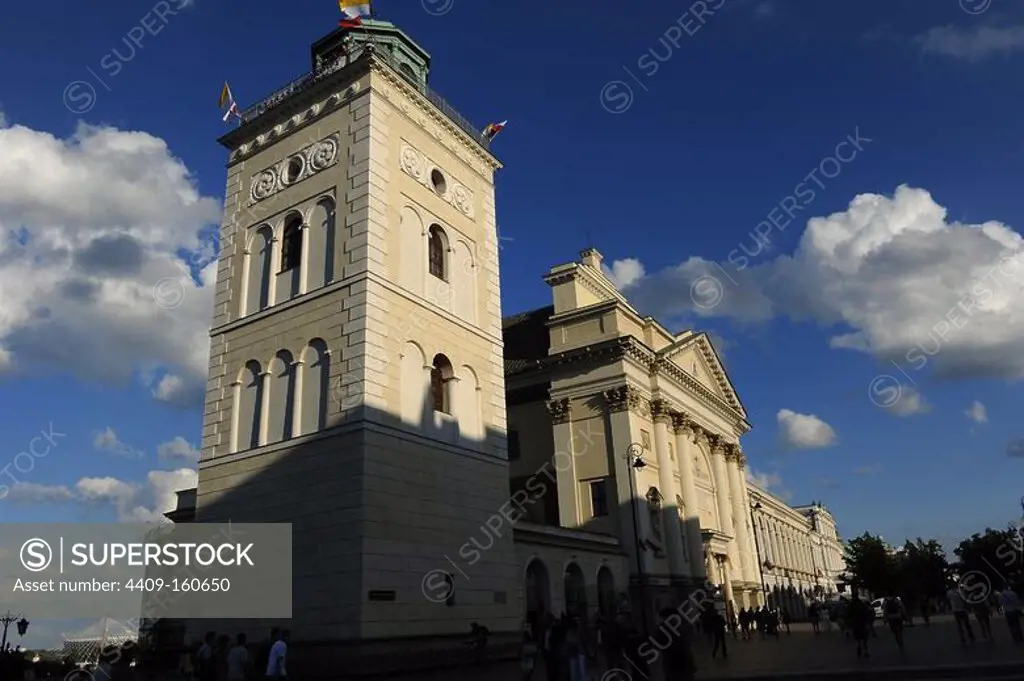 Poland. Warsaw. Saint Anne's Church. Bell tower, 19th century, and Neoclassical facade, 18th century, built by Chrystian Piotr Aigner (1756-1841).