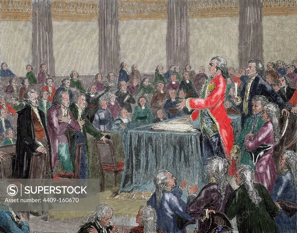 Frech Revolution 1787-1799. Louis XVI was forced to adopt the Constitution of 1791 by the National Assembly. Engraving by Meyer Heine, 1900. Colored.