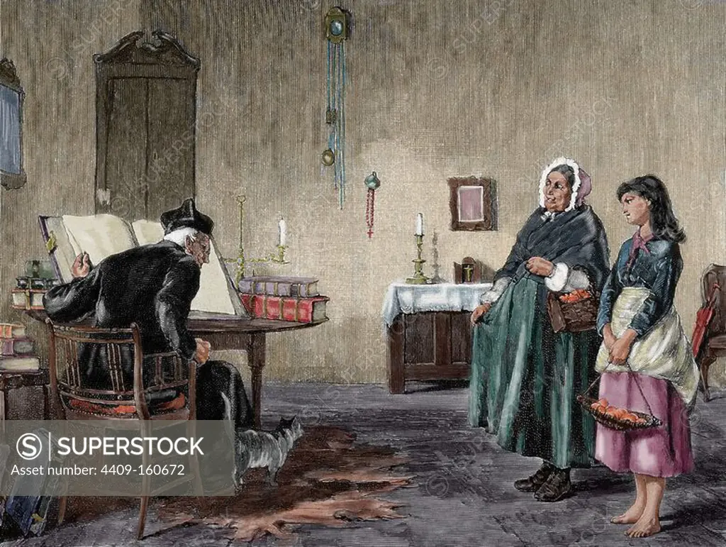 Give of present for the priest. Engraving by H. Werdmuller. "La Ilustracion Iberica", 1884. Colored.