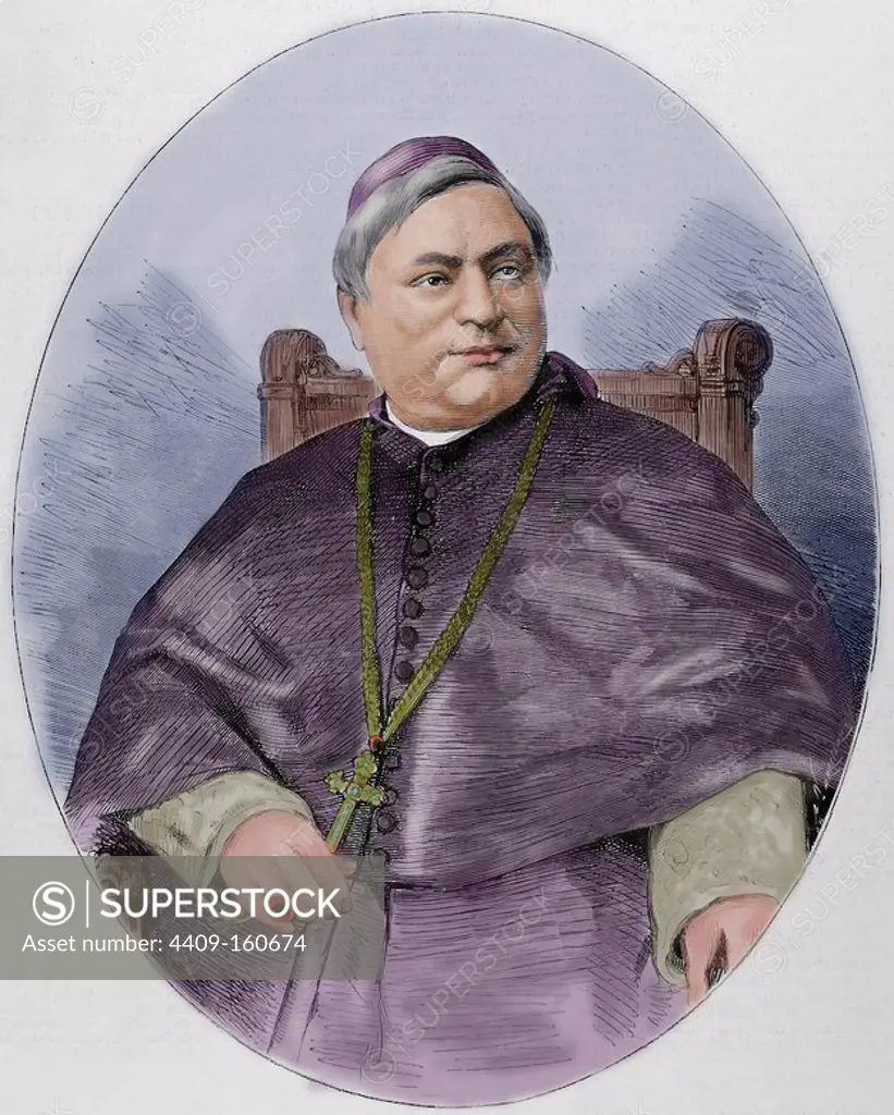 Luigi Jacobini (1832 Ð 1887). Italian Cardinal of the Roman Catholic Church who served as Vatican Secretary of State from 1880 until his death and was elevated to the cardinalate in 1879. Engraving by Carretero. "La Ilustracion Espanola y Americana", 1880. Colored.