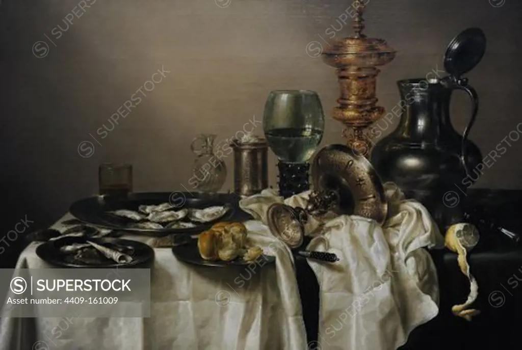 ARTE BARROCO. HOLANDA. WILLEM HEDA o WILLEM CLAESZ (1594-1680). Artista holandés, especializado en naturaleza muerta. "Naturaleza muerta con copa dorada", 1635, óleo sobre tabla. Rijksmuseum, Ámsterdam. Paises Bajos.