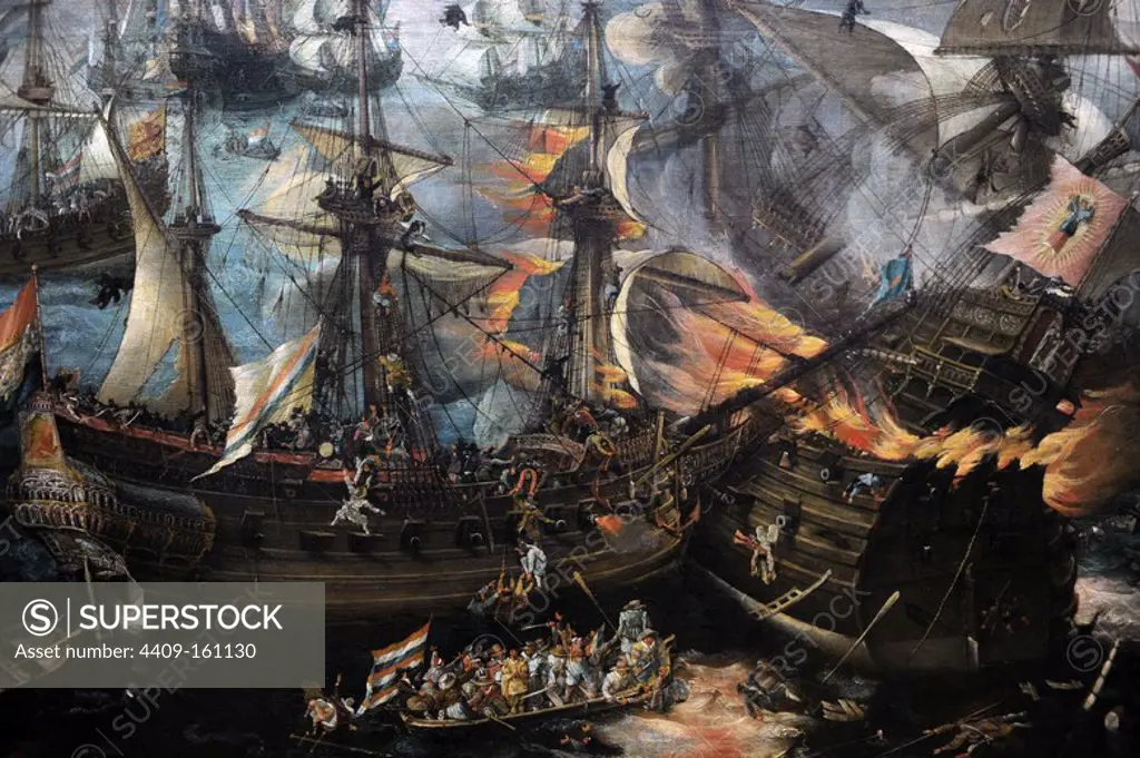 Cornelis Claesz van Wieringen (c.1577-1633). Dutch painter. The Explosion of the Spanish Flagship during the Battle of Gibraltar, c.1621. Detail. Rijksmuseum. Amsterdam. Holland.