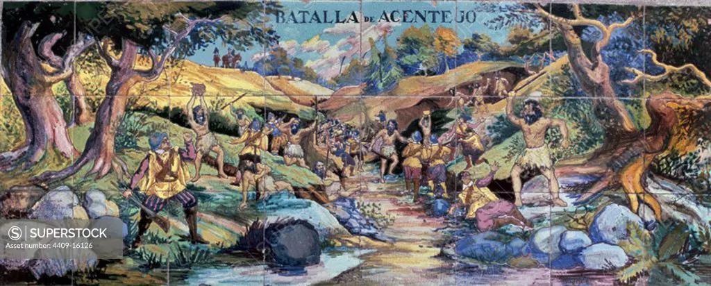 AZULEJO DE LA HISTORIA DE TENERIFE - BATALLA DE ACENTEJO EN 1494. Location: EXTERIOR. ISLA. SPAIN.