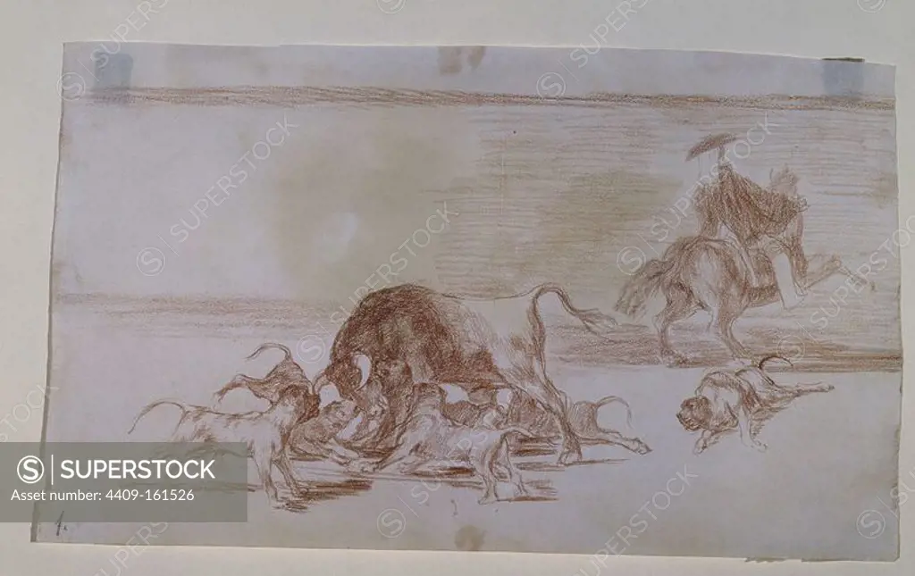 They loose dogs on the bull, plate 25 of 'The Art of Bullfighting' - 1815/16 - 25x35,7 cm - etching, aquatint and drypoint. Author: FRANCISCO DE GOYA. Location: MUSEO DEL PRADO-DIBUJOS. MADRID. SPAIN.