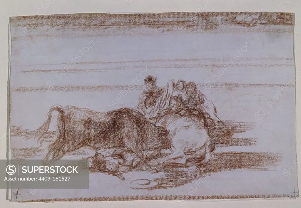 A picador is unhorsed and falls under the bull, plate 26 of 'The Art of Bullfighting' - 1815/816 - 25x35 cm - etching, aquatint and drypoint. Author: FRANCISCO DE GOYA. Location: MUSEO DEL PRADO-DIBUJOS. MADRID.