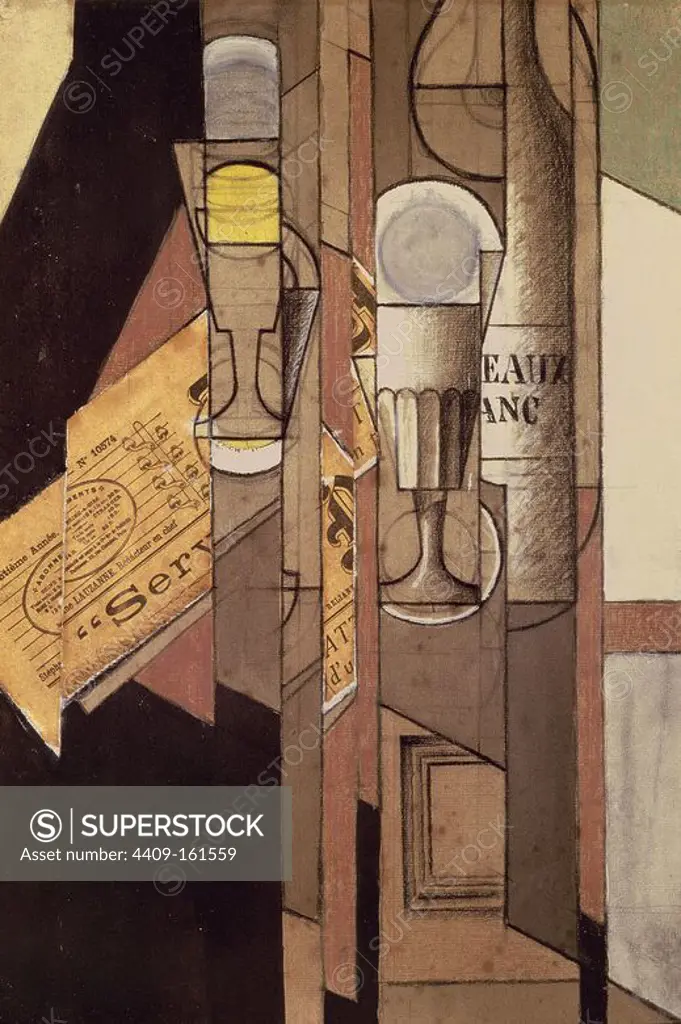 'Cups, Newspaper and Bottle of Wine', 1913, Collage, coloured pencil, gouache and black chalk on paper glued to paperboard, 45 x 29,5 cm, DO00411. Author: JUAN GRIS.