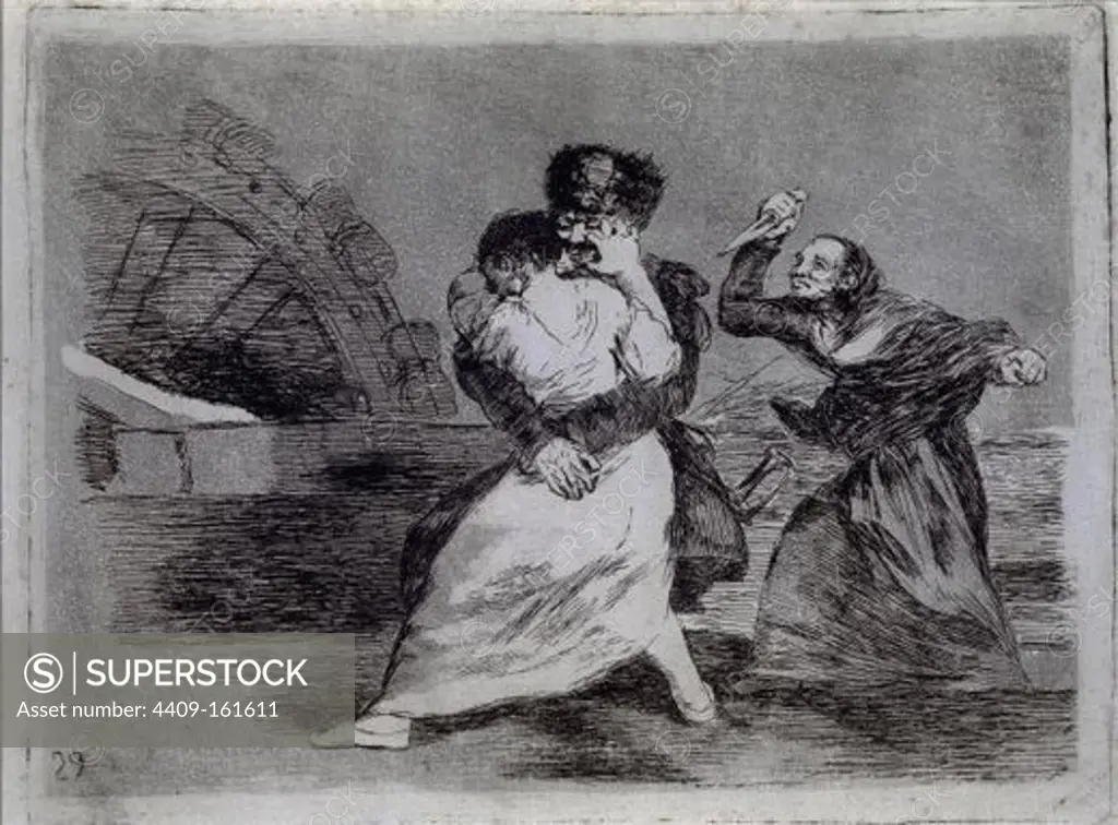 They don't like it, plate 9 of 'The Disasters of War' - 1810/14 - 15,6x20,9 cm - etching, aquatint, drypoint and burin. Author: GOYA, FRANCISCO DE. Location: BIBLIOTECA NACIONAL-COLECCION, MADRID, SPAIN. Also known as: DESASTRE Nº 9-NO QUIEREN.