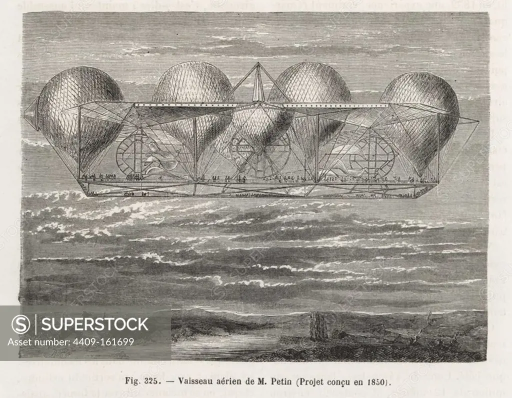 Petin's design for a huge airship with viewing platforms raised by many balloons, 1850. Woodblock engraving by Mes from Louis Figuier's "Les Merveilles de la Science: Aerostats" (Marvels of Science: Air Balloons), Furne, Jouvet et Cie, Paris, 1868.